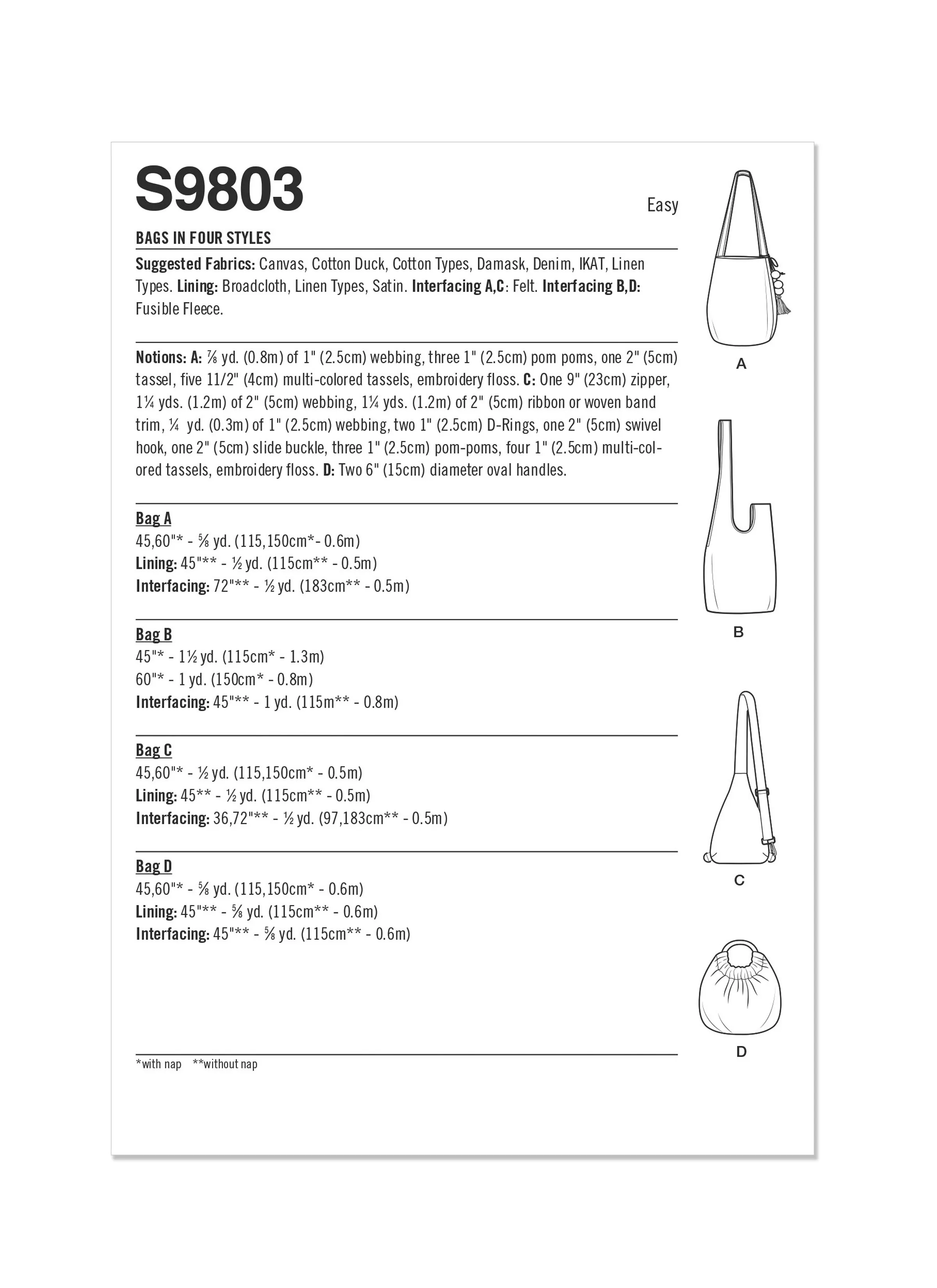 Simplicity Sewing Pattern S9803 BAGS IN FOUR STYLES