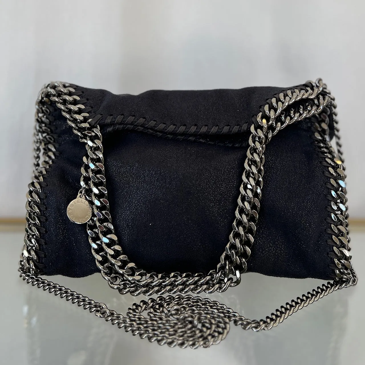 STELLA MCCARTNEY Dark Blue Mini Falabella Metallic Chain Tote Bag