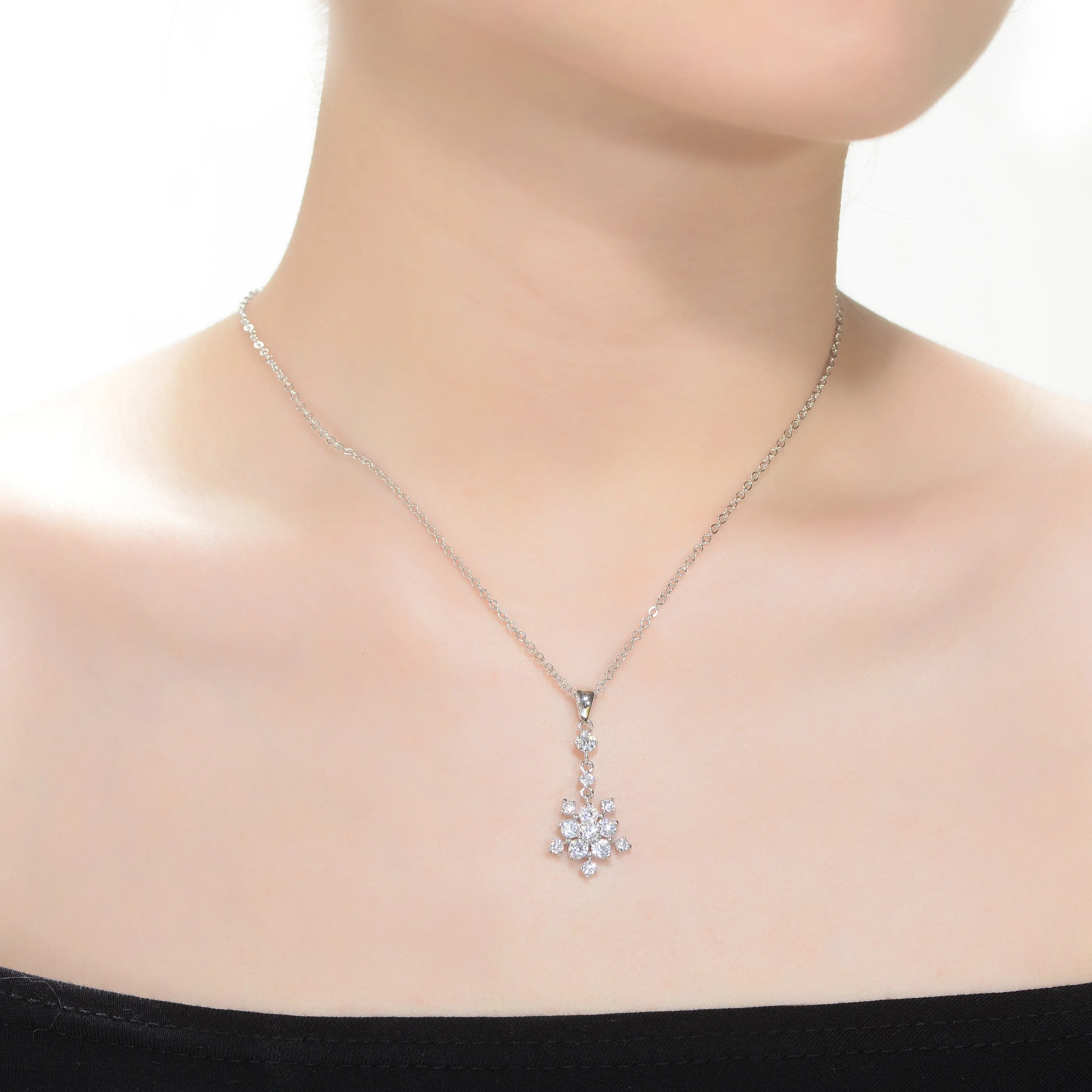 Sterling Silver with Rhodium Plated Clear Round Cubic Zirconia Cluster Snowflake Inspired Necklace