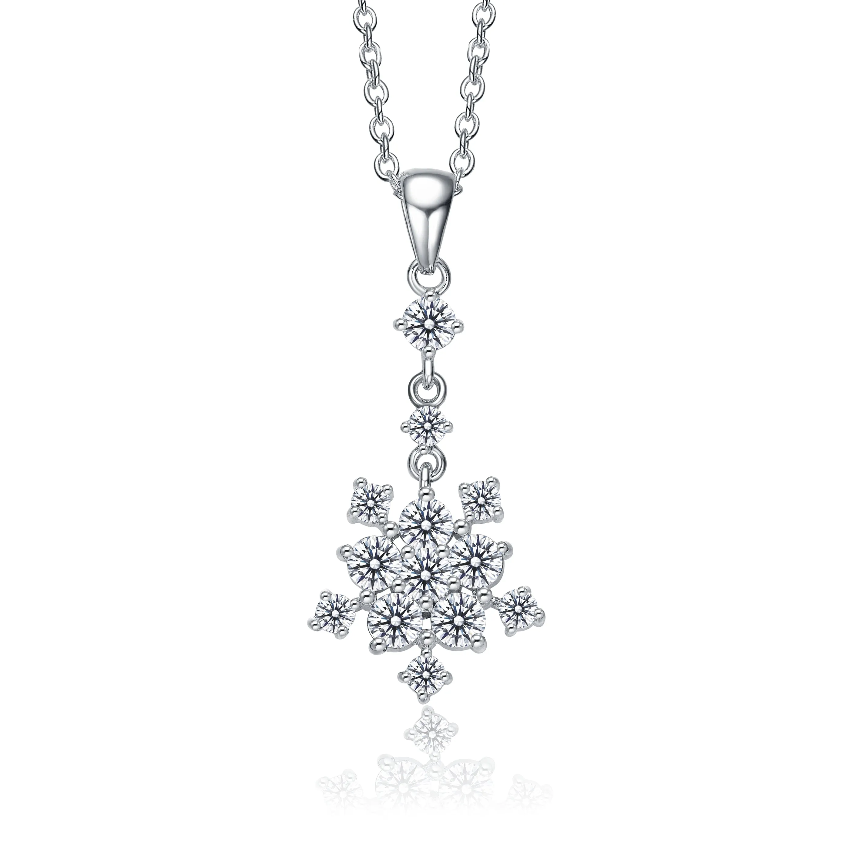 Sterling Silver with Rhodium Plated Clear Round Cubic Zirconia Cluster Snowflake Inspired Necklace