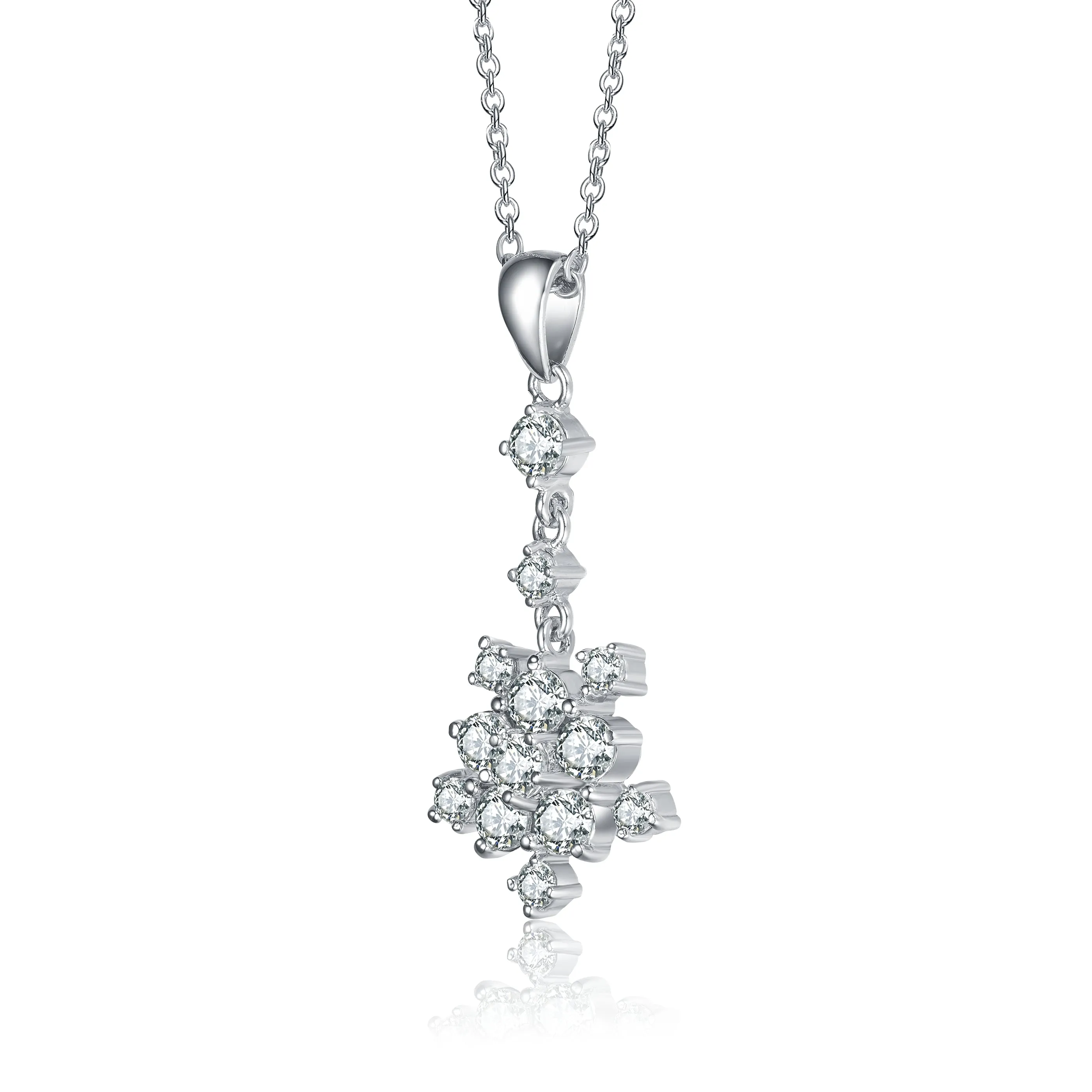 Sterling Silver with Rhodium Plated Clear Round Cubic Zirconia Cluster Snowflake Inspired Necklace