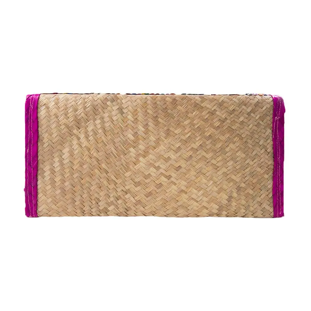 Straw Clutch Bag with Sequin Stripes, Pink Trim