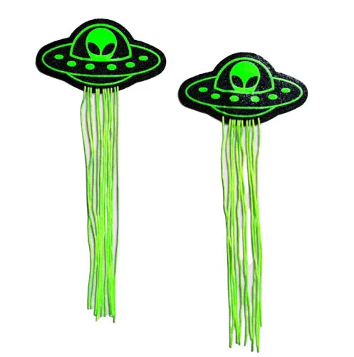 Tassel UFO Alien Glow-in-the-Dark Neon Green on Black Nipple Pasties