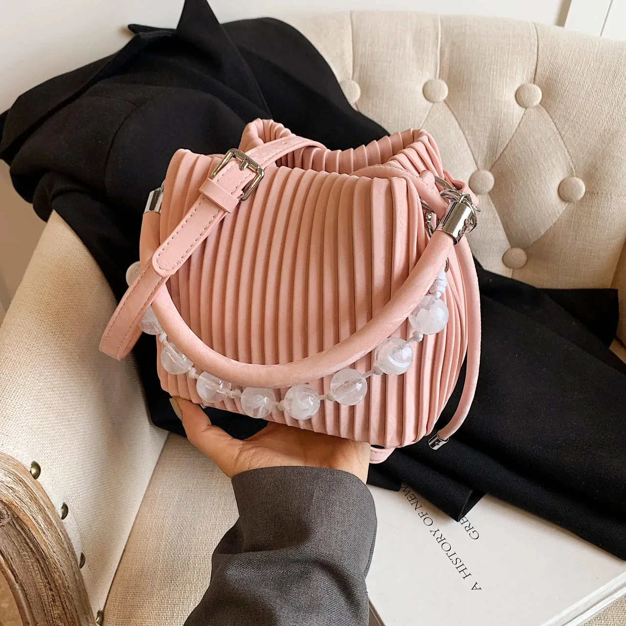 TAVIMART  -  Brand Design PU Leather Shoulder Bag Pleated Stripe Bucket Bag Ladies Crossbody Bag For Women Bag 2024 Handbag Silver Bag