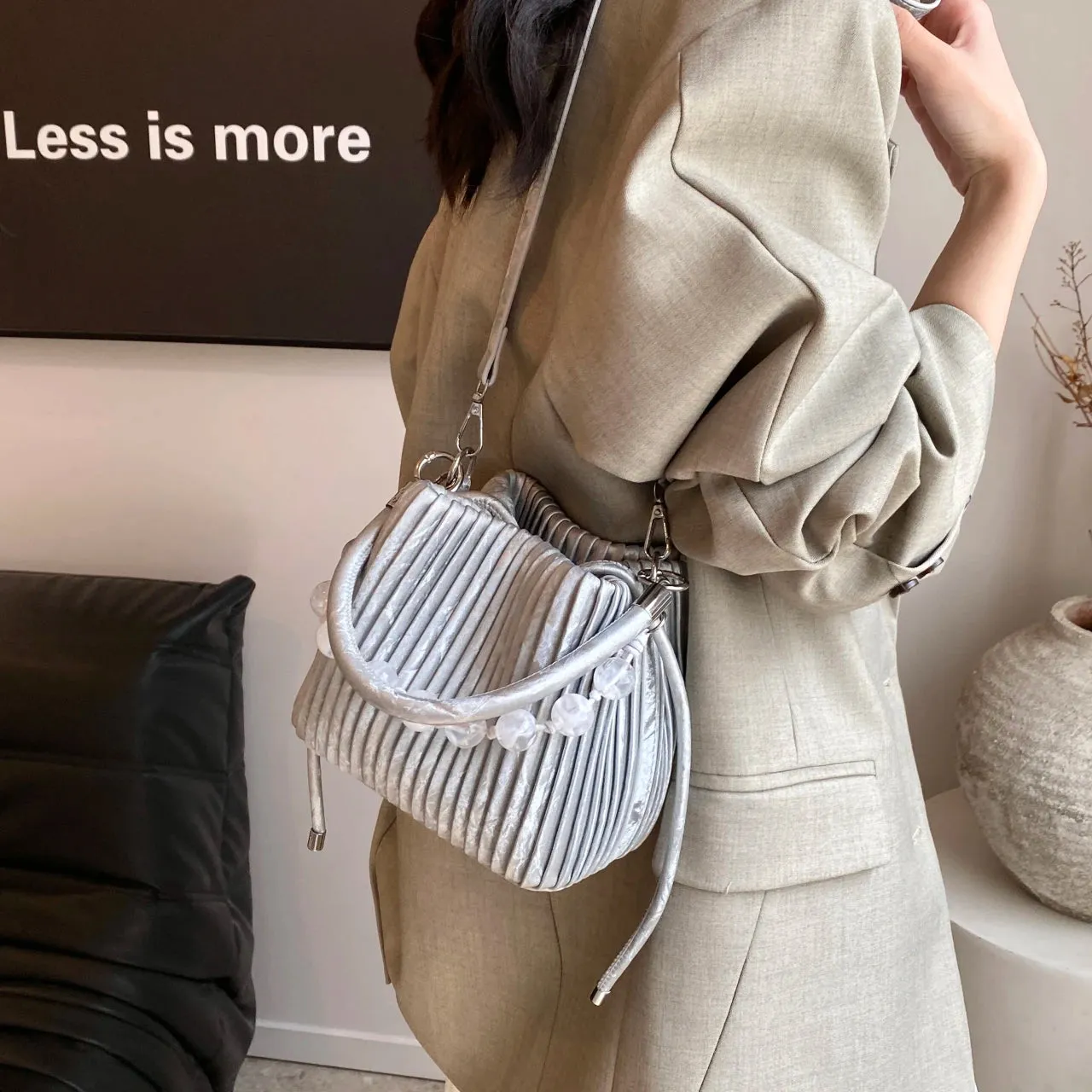 TAVIMART  -  Brand Design PU Leather Shoulder Bag Pleated Stripe Bucket Bag Ladies Crossbody Bag For Women Bag 2024 Handbag Silver Bag