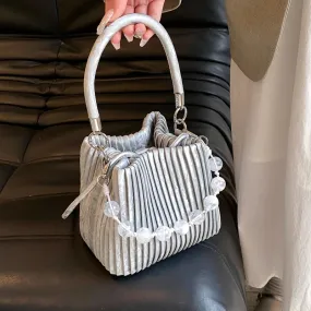 TAVIMART  -  Brand Design PU Leather Shoulder Bag Pleated Stripe Bucket Bag Ladies Crossbody Bag For Women Bag 2024 Handbag Silver Bag