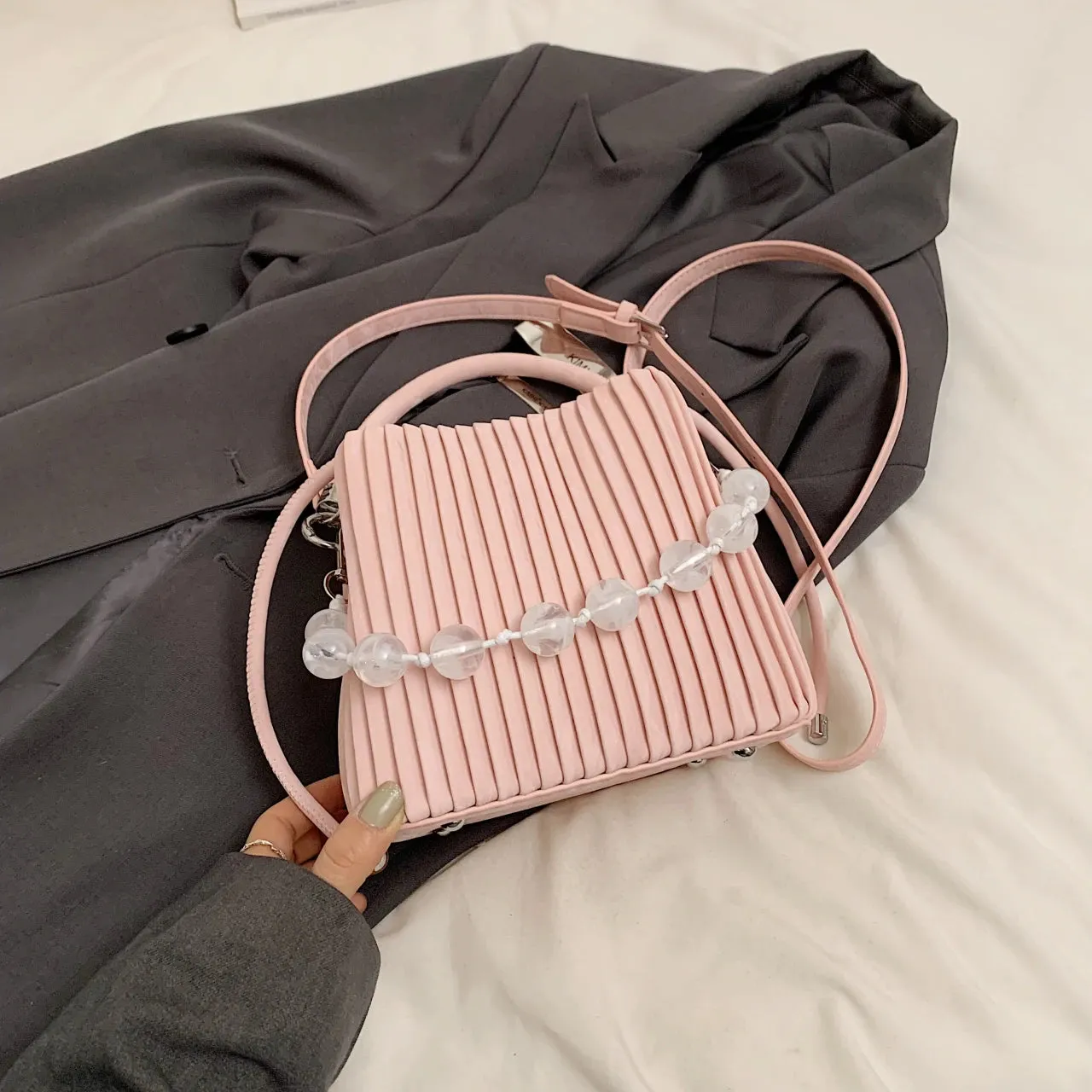 TAVIMART  -  Brand Design PU Leather Shoulder Bag Pleated Stripe Bucket Bag Ladies Crossbody Bag For Women Bag 2024 Handbag Silver Bag