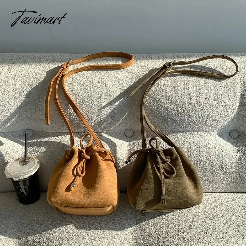 Tavimart Ins Suede Designer Luxury Bag Winter Retro Drawstring Crossbody Bucket Bags Long Strap Mini Cute Women's Shoulder Handbags