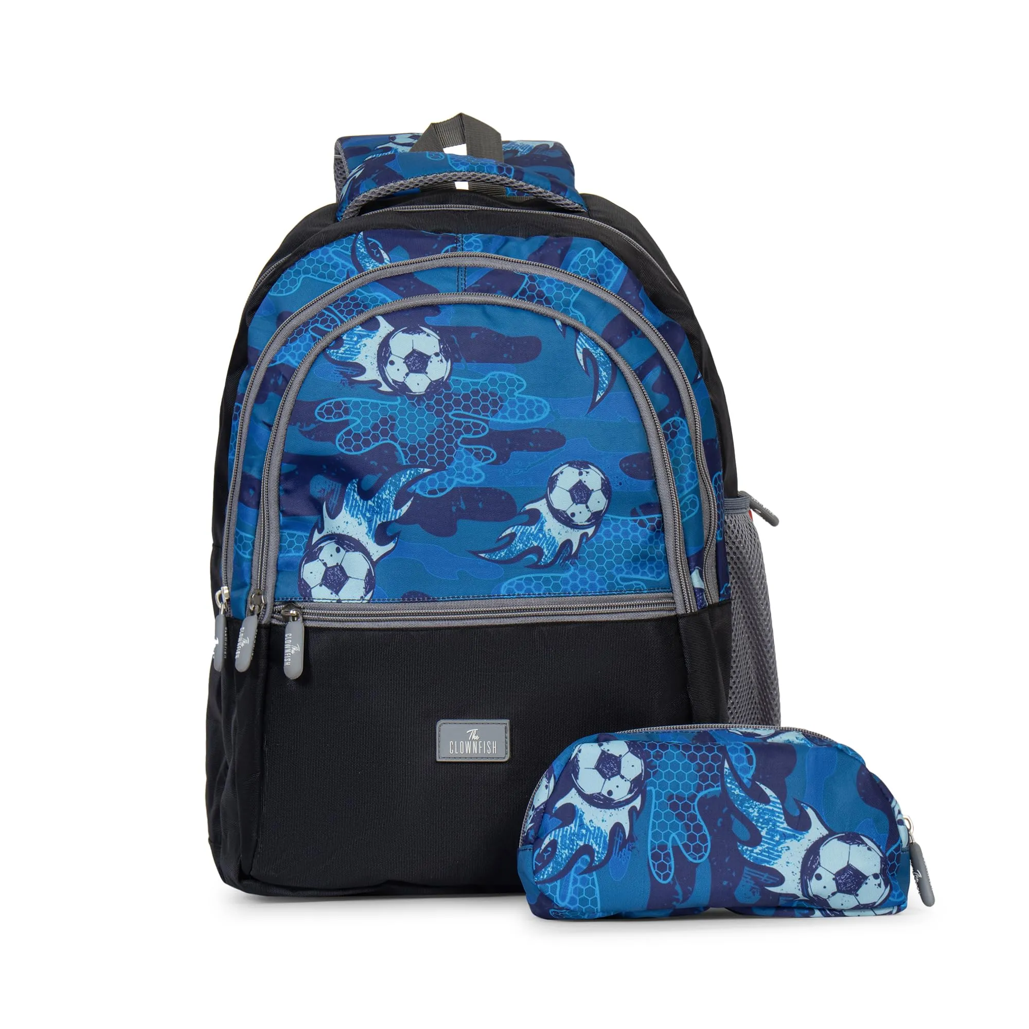 The Clownfish Edutrek Series Printed Polyester 33.5 L School Backpack with Pencil/Stationery Pouch School Bag Zip Pocket Daypack Picnic Bag For School Going Boys & Girls Age-10  years(Blue - Football)