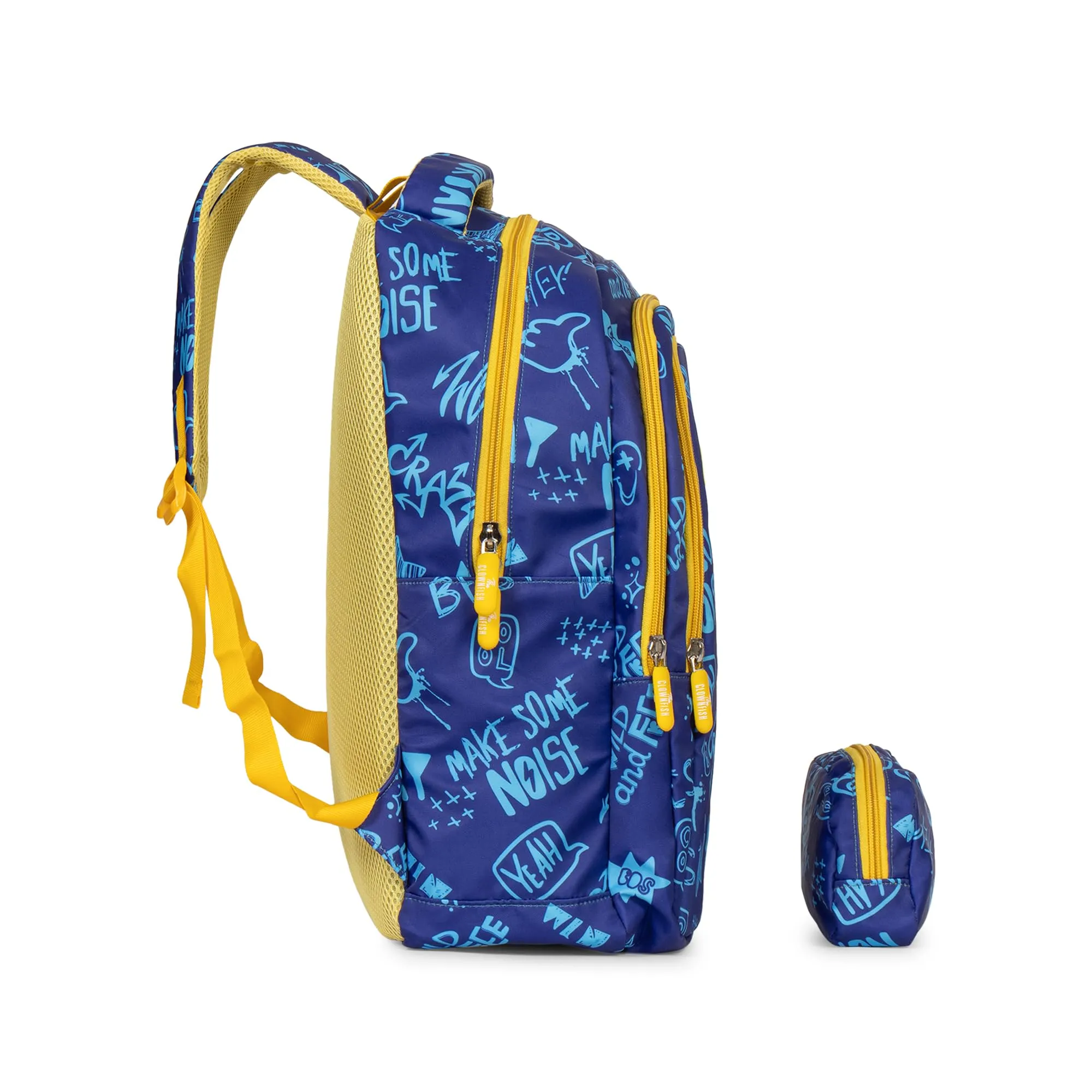 THE CLOWNFISH Scholastic Series Printed Polyester 30 L School Backpack with Pencil/Staionery Pouch School Bag Daypack Picnic Bag For School Going Boys & Girls Age 8-10 years (Blue - Yellow)