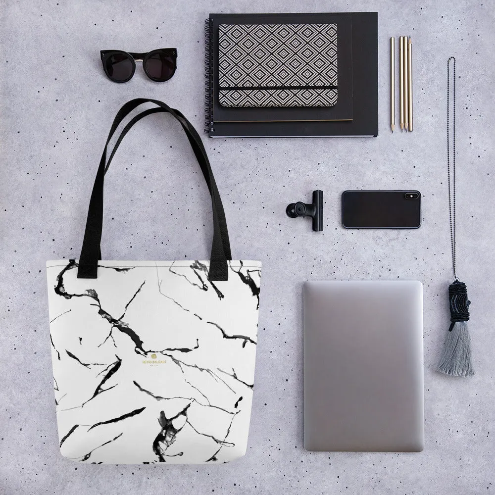 White Marble Tote Bag, Marbled Print Designer 15"x15" Designer Best Quality Tote Bag- Made in USA/EU