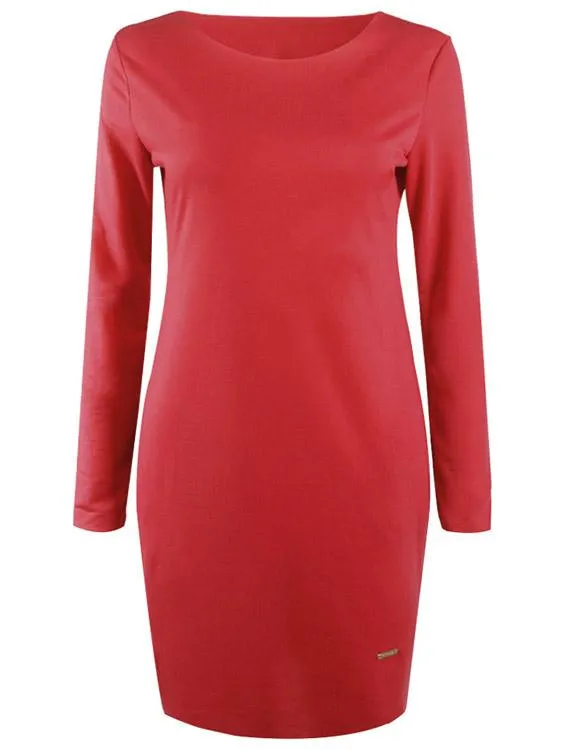 Wholesale Red Round Neck Long Sleeve Plain Side Pockets Mini Dress