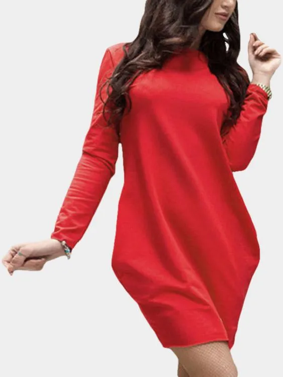 Wholesale Red Round Neck Long Sleeve Plain Side Pockets Mini Dress