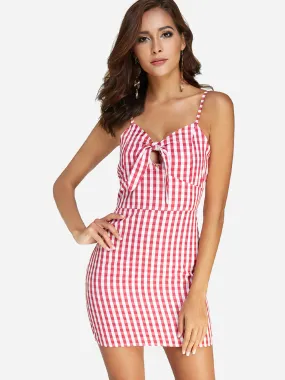 Wholesale Red V-Neck Sleeveless Grid Mini Dress