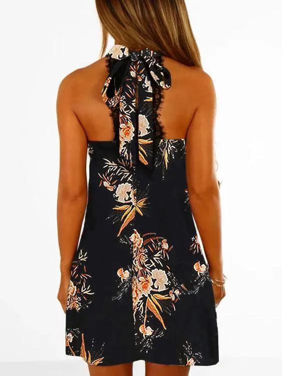 Wholesale Sleeveless Floral Print Lace Zip Back Black Mini Dress