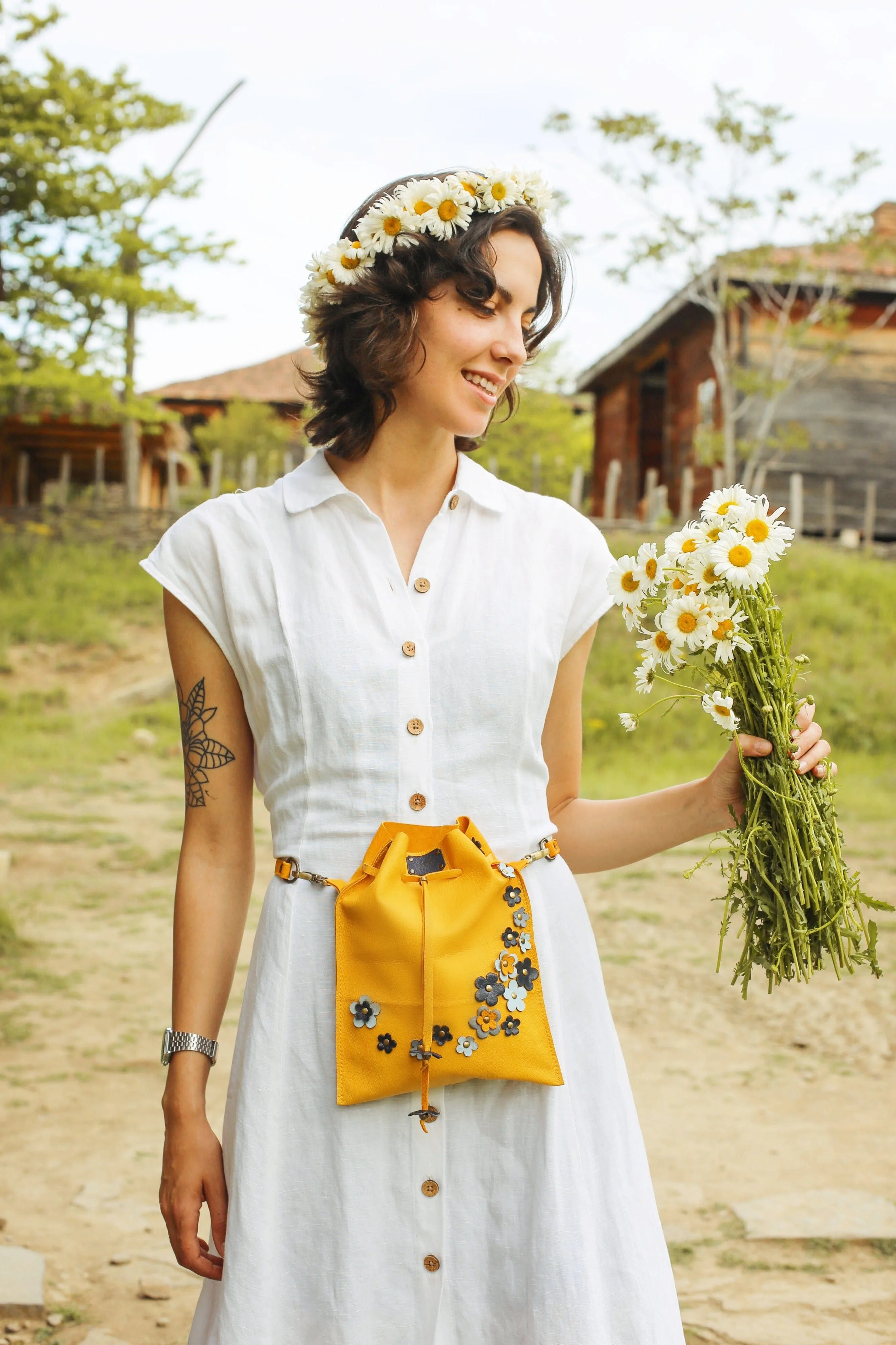 Yellow Floral Leather Pouch Bag