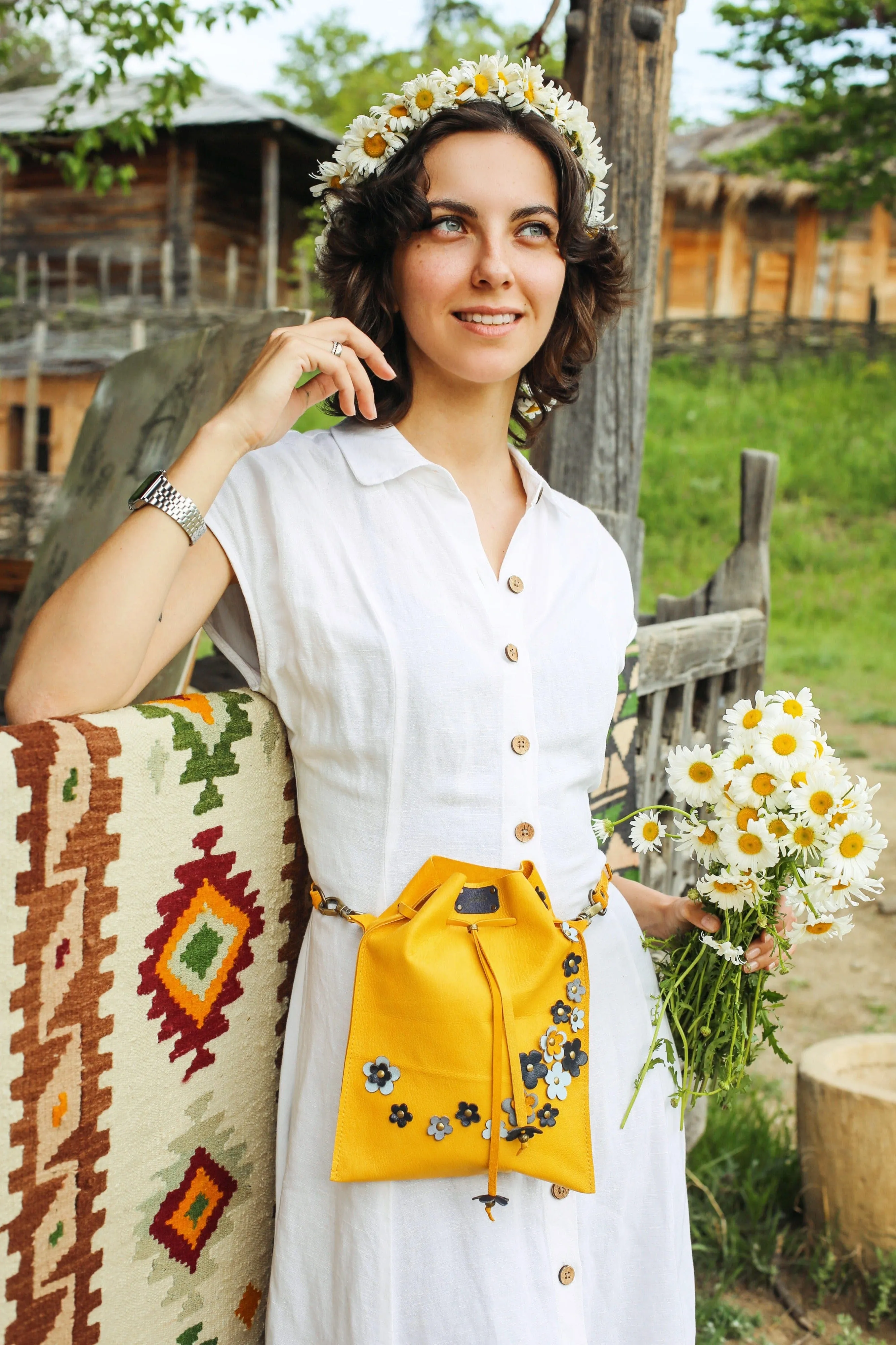 Yellow Floral Leather Pouch Bag