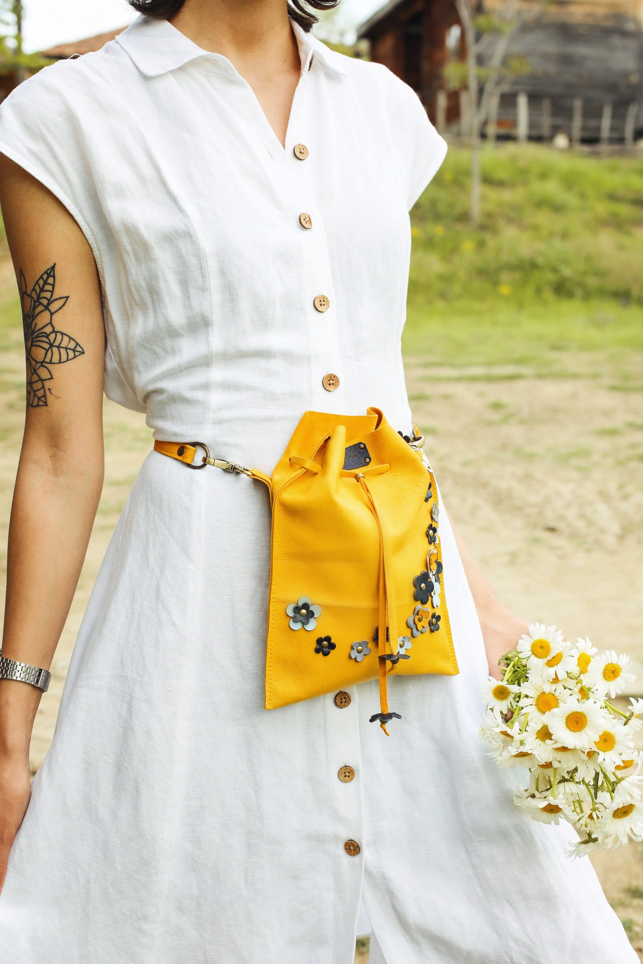 Yellow Floral Leather Pouch Bag