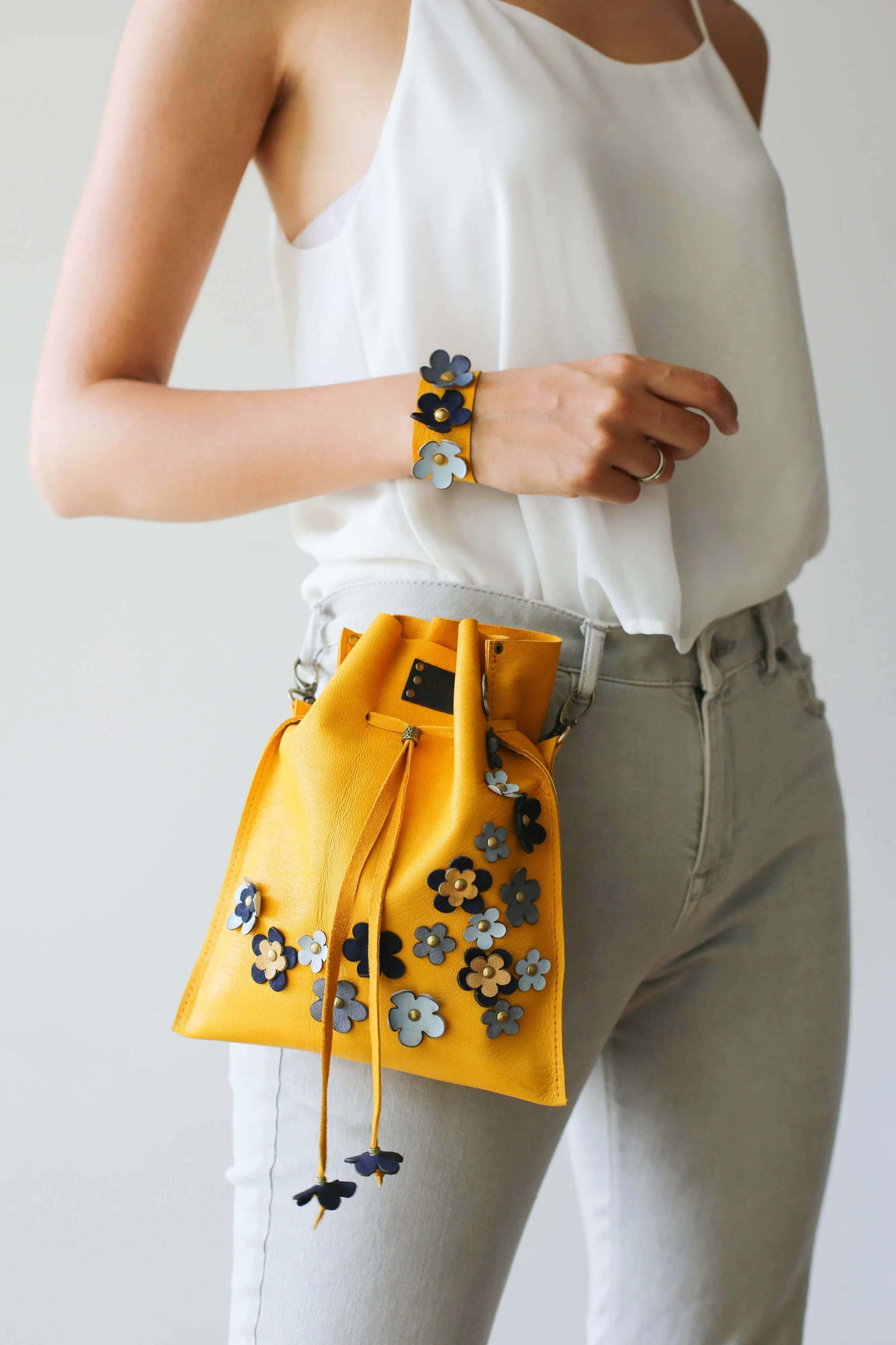 Yellow Floral Leather Pouch Bag