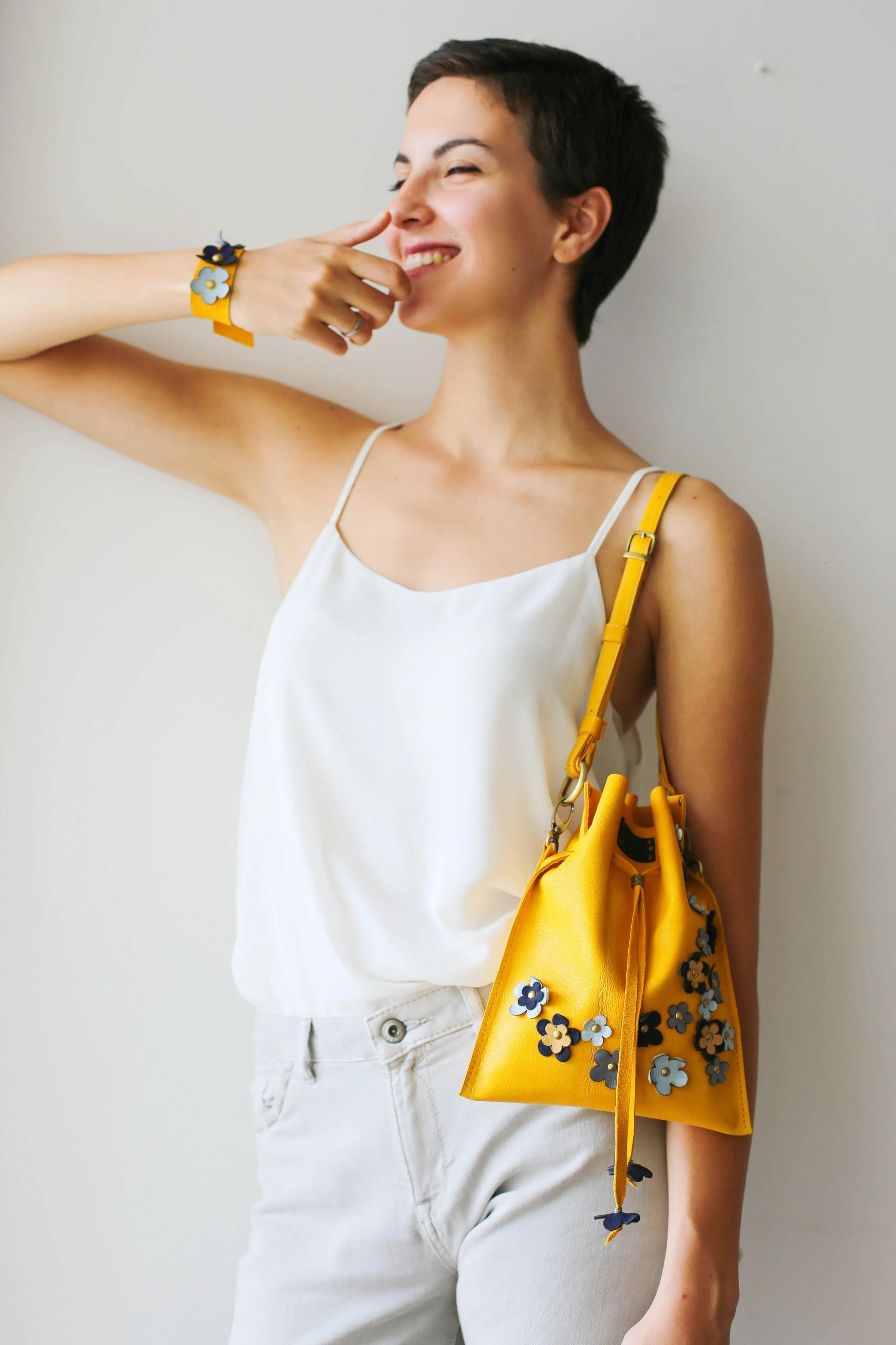 Yellow Floral Leather Pouch Bag