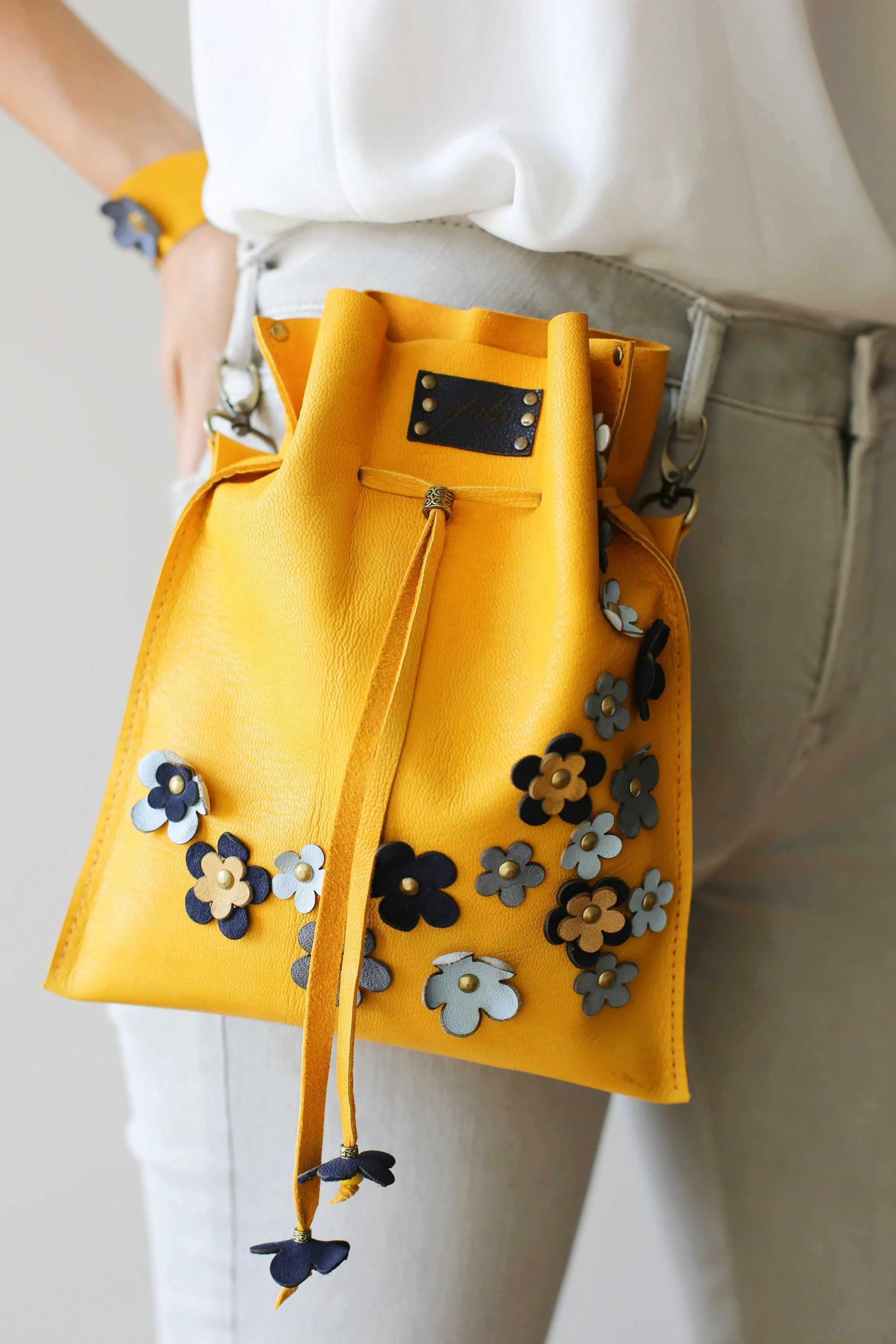 Yellow Floral Leather Pouch Bag