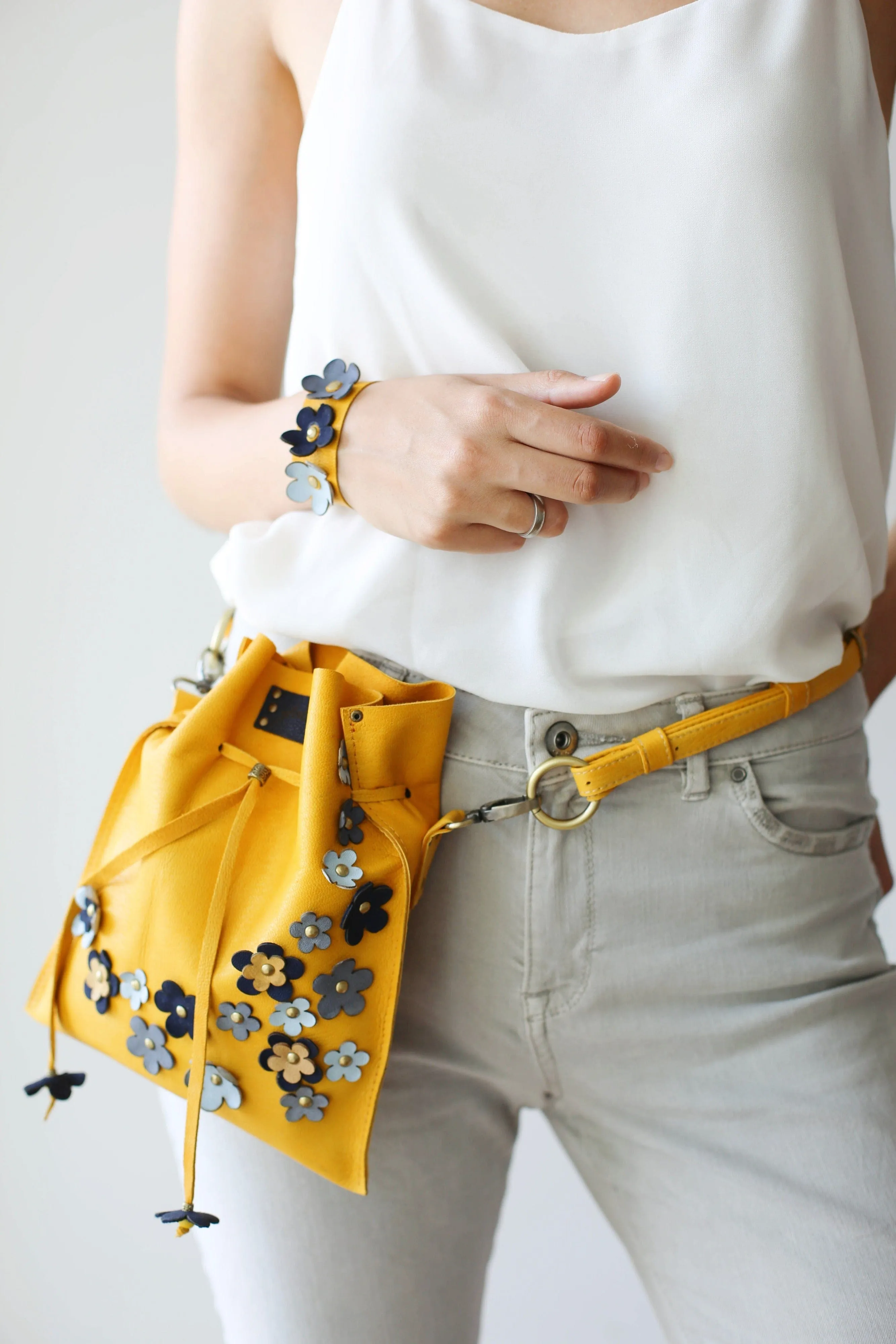 Yellow Floral Leather Pouch Bag