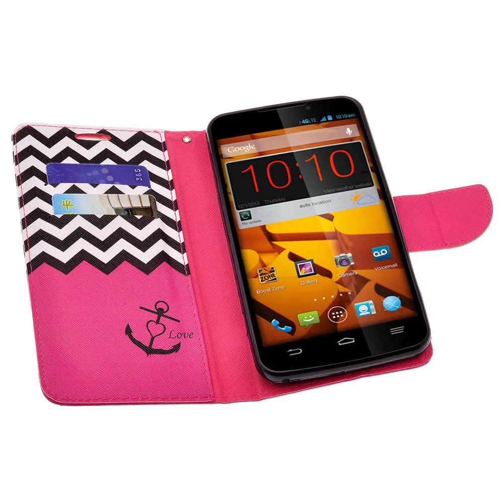 ZTE Max | N9520 | Boost Max Case, Wrist Strap Magnetic Flip Fold[Kickstand] Pu Leather Wallet Case with ID & Card Slots - Hot Pink Anchor