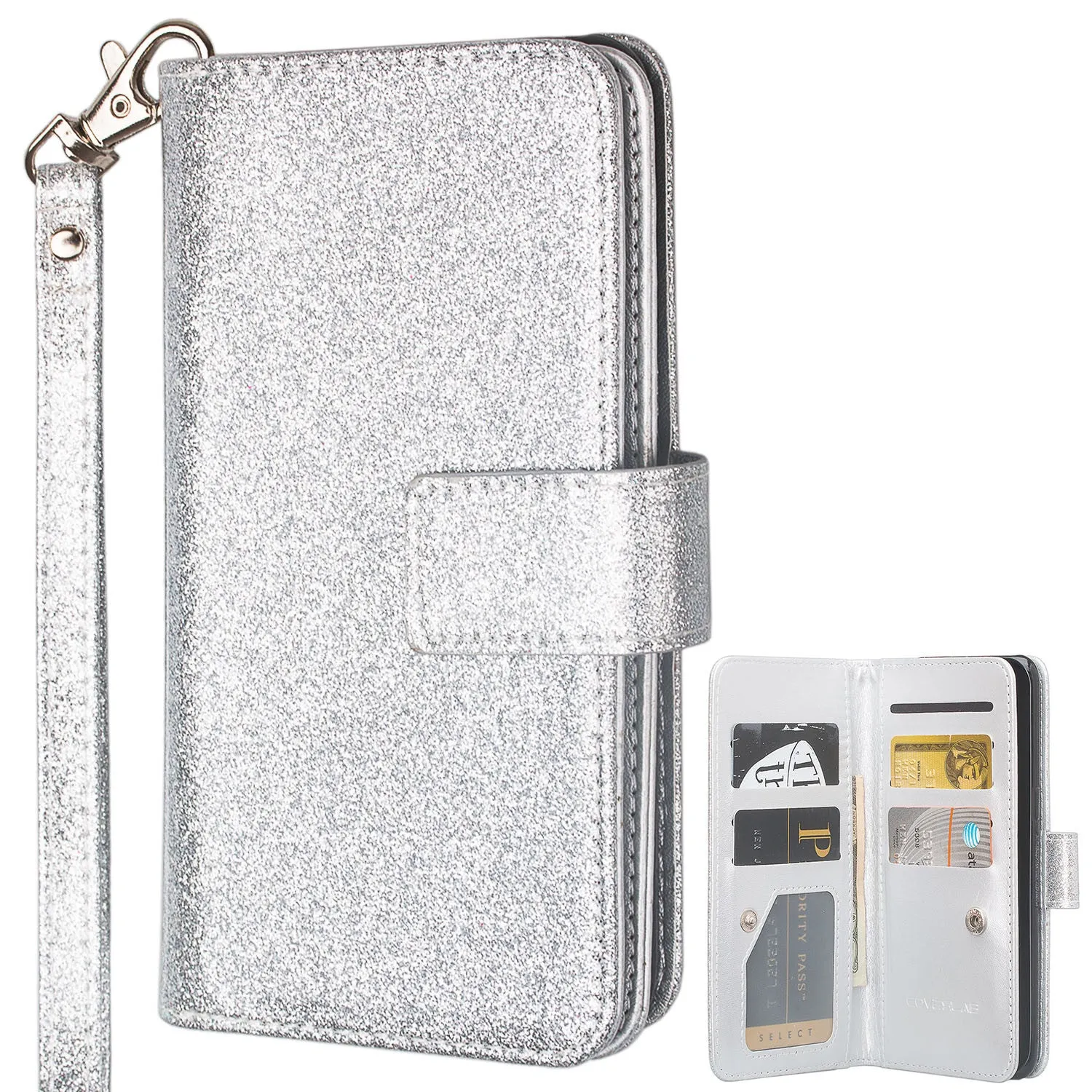 ZTE ZMax Pro, ZTE Imperial Max, MaX Duo LTE, Grand X Max 2 Case, ZTE Carry, ZTE Blade X Max, [Wrist Strap] Glitter Faux Leather Flip [Kickstand Feature] Wallet Case Clutch - Silver